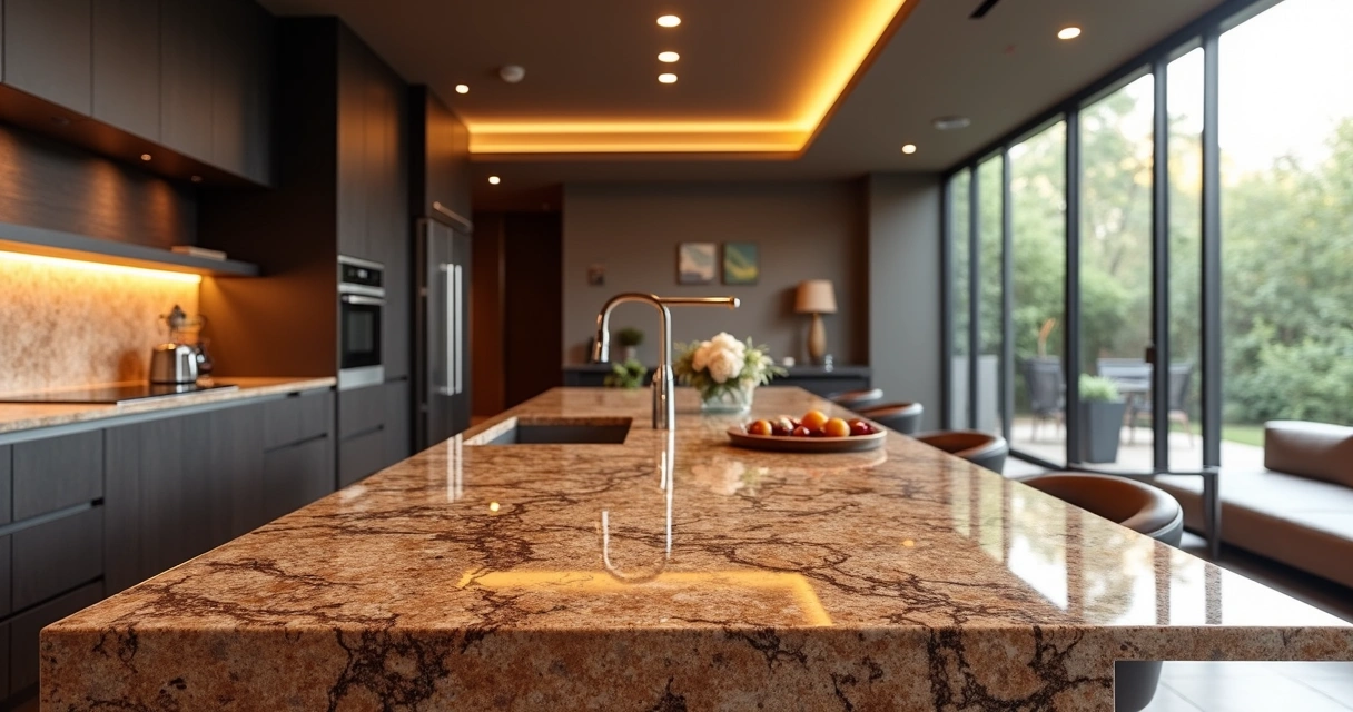 Bancada de granito Café Imperial em cozinha integrada com sala 