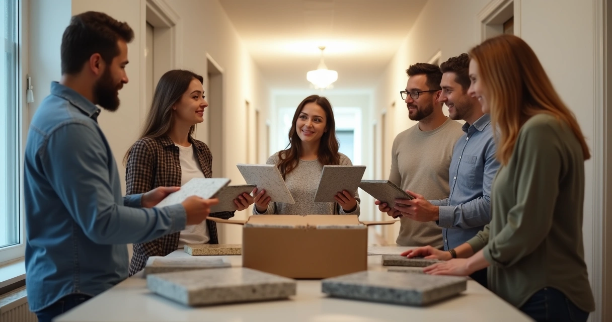 Vizinhos conferindo bancadas de pedra para cozinha de apartamento 