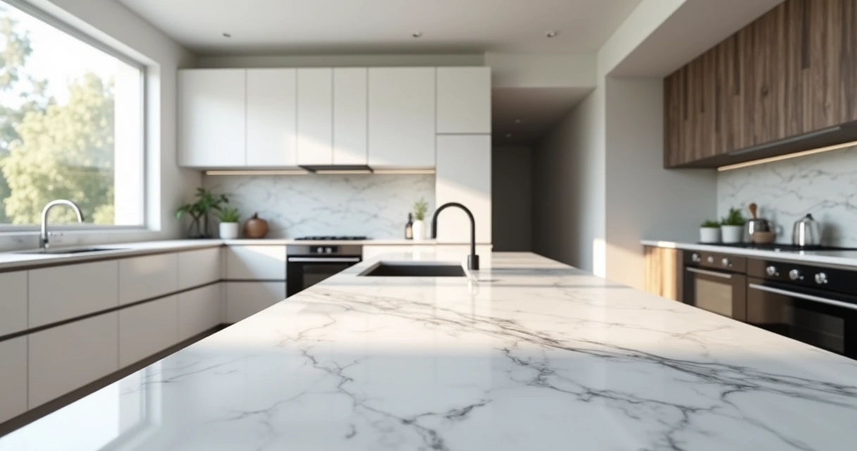 Bancada de cozinha em mármore Carrara com móveis modernos ao fundo. 