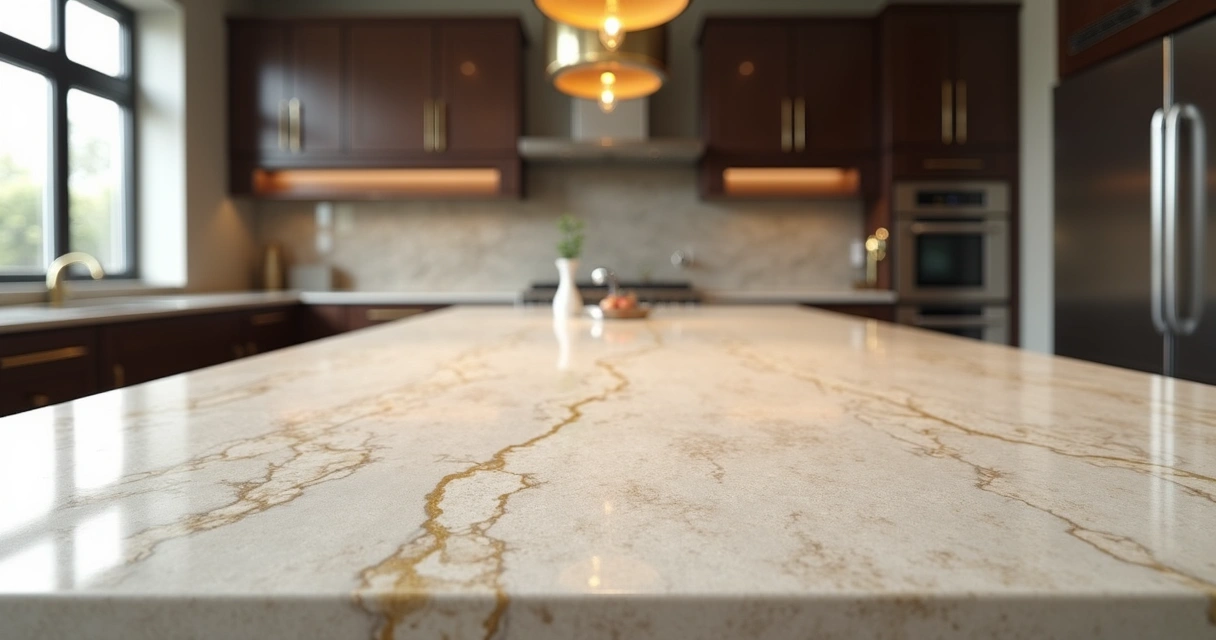 Cozinha moderna com bancada de quartzo texturizado em tom claro e detalhes metálicos 