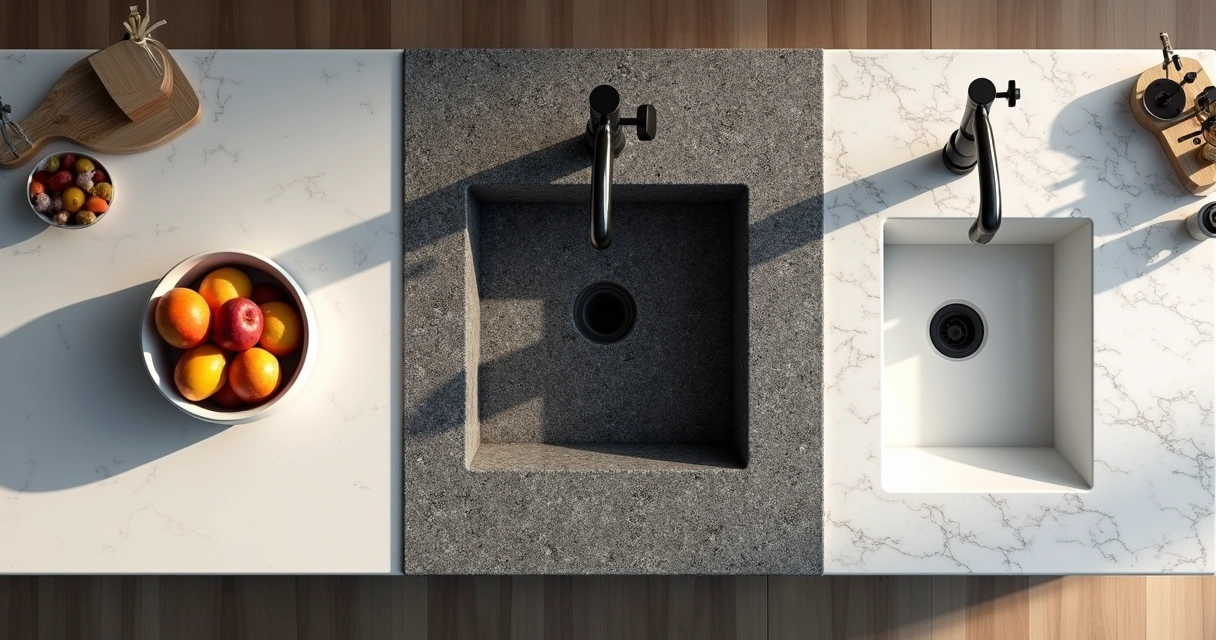 Bancada de cozinha mostrando lado a lado quartzo branco, granito escuro e mármore cinza claro 