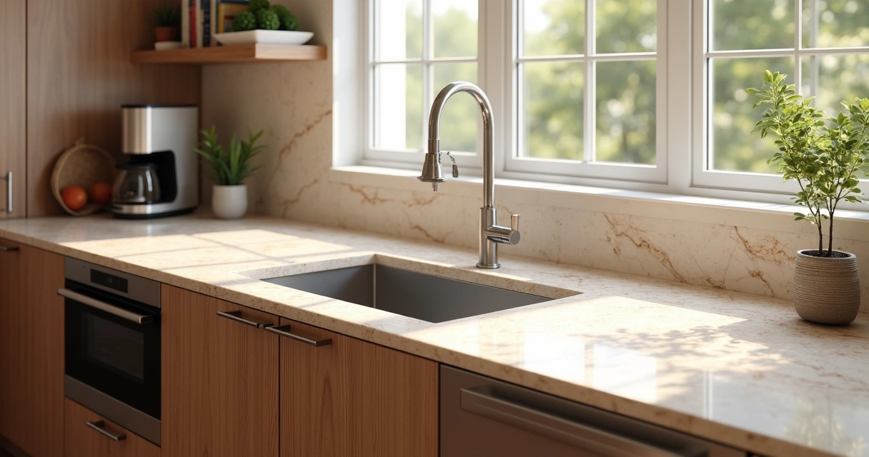 Bancada de cozinha em Travertino Romano, luz natural destaque veios claros 