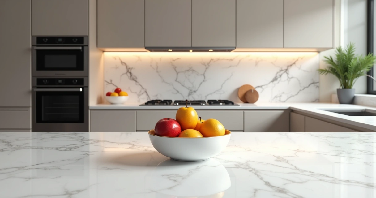 Cozinha moderna com bancada de quartzo branca polida 