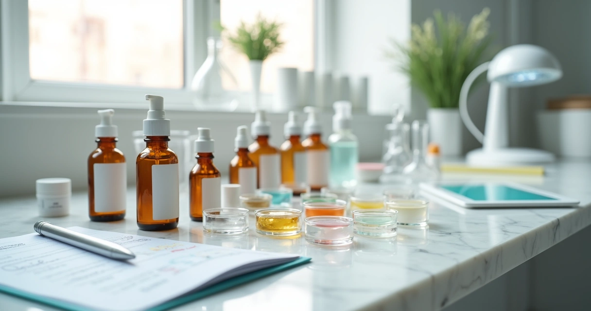 Bancada clara de dermatologia com fórmulas manipuladas em frascos de vidro 