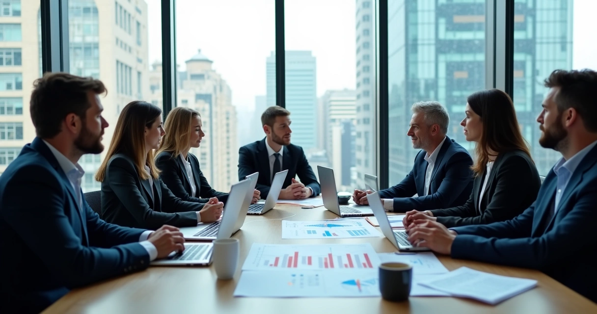 Investidores em reunião discutindo gráficos e opções de investimentos 