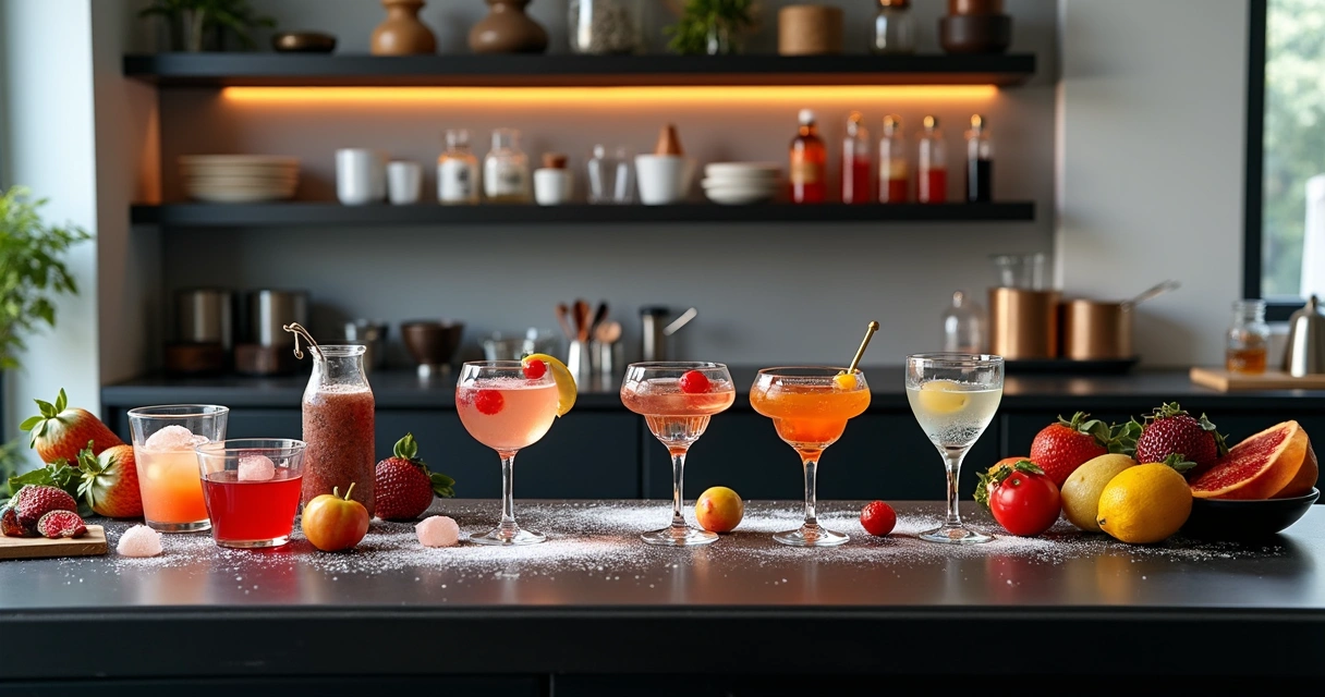 Bancada de bar com utensílios de mixologia molecular e ingredientes coloridos
