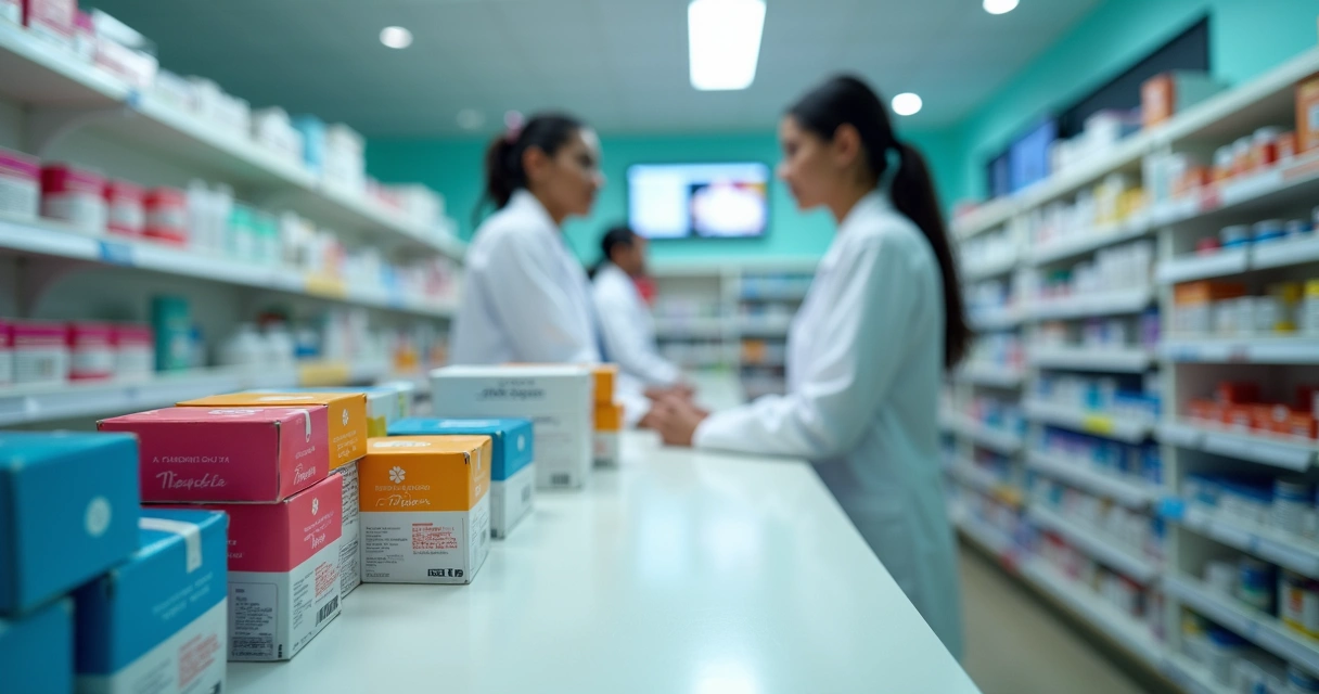 Bancada de farmácia cheia de caixas de medicamentos genéricos coloridos 