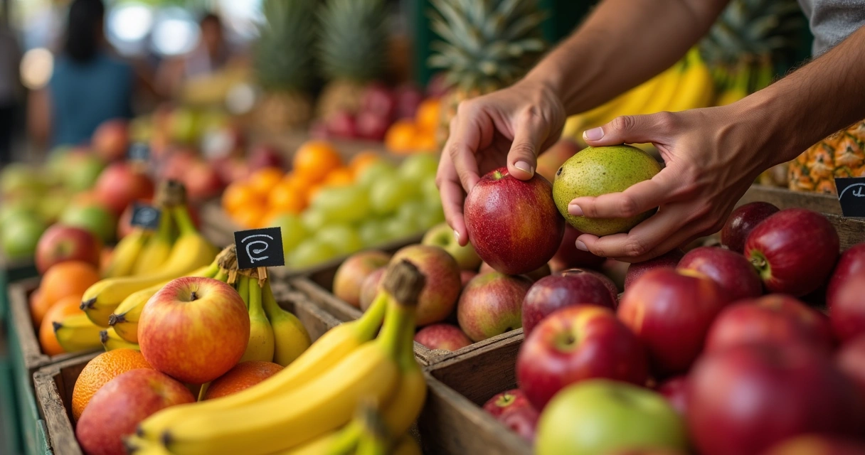 Mãos avaliando frutas frescas coloridas em bancada de mercado 