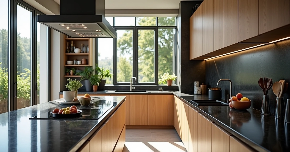 Bancada de granito escuro em cozinha moderna e iluminada 