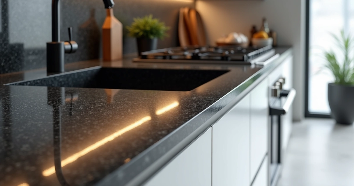 Bancada de cozinha feita em granito preto São Gabriel 