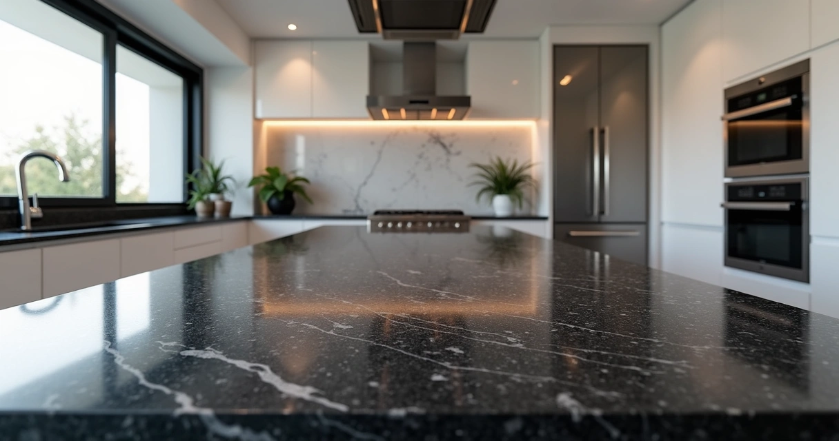 Bancada de granito preto São Gabriel em cozinha moderna 