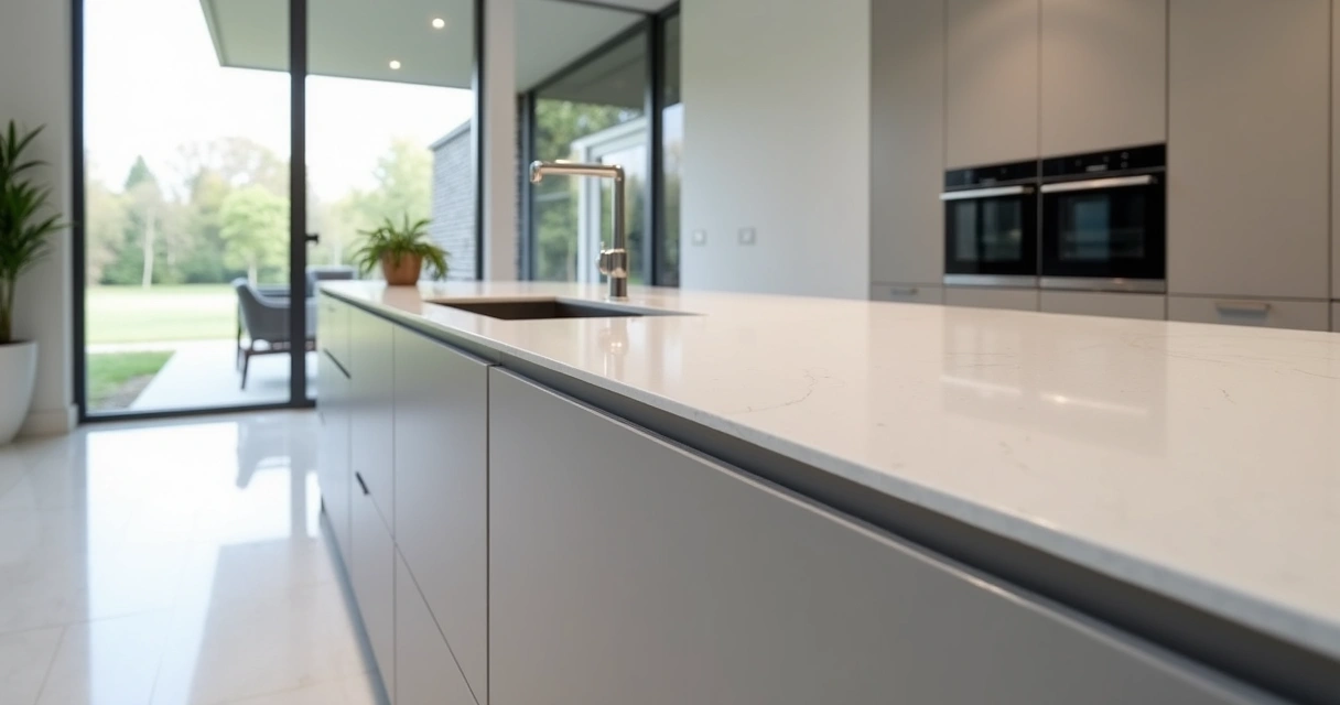 Bancada de cozinha moderna sem emendas com cuba integrada em quartzo branco 