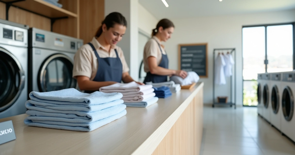 Funcionária de lavanderia premium organiza roupas dobradas em bancada de atendimento sofisticada 