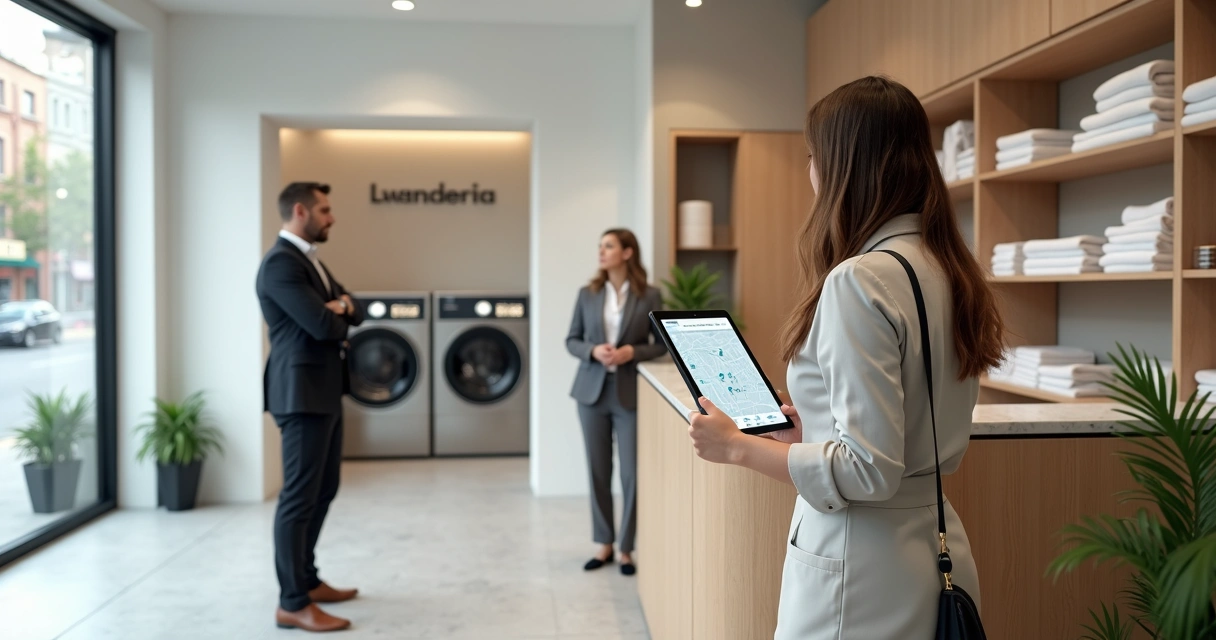 Balcão de lavanderia premium com atendente mostrando mapa em tablet para casal de clientes 