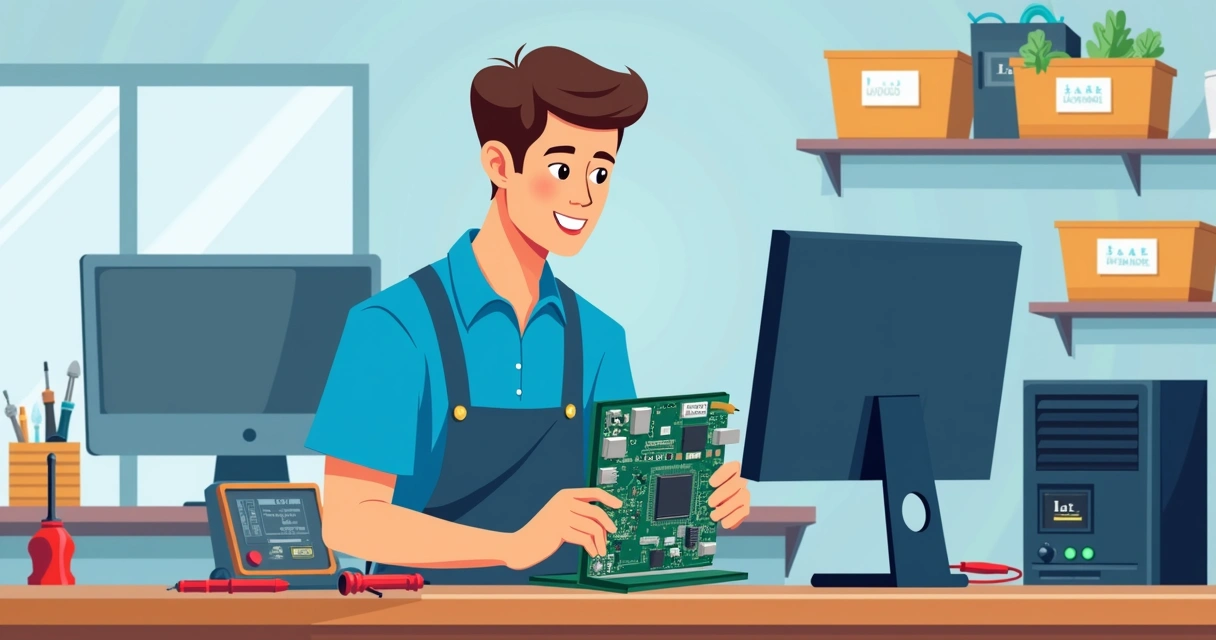 Bancada de manutenção com peças de computador, ferramentas e um técnico analisando uma placa-mãe 