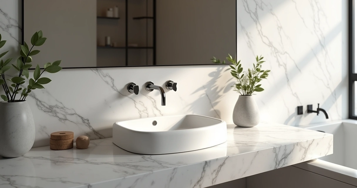 Bancada de banheiro em mármore branco com cuba esculpida e detalhes modernos 