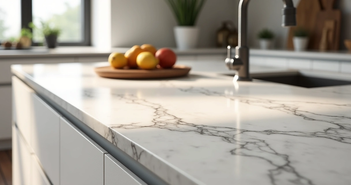 Bancada de cozinha em mármore Branco Paraná com acabamento polido 