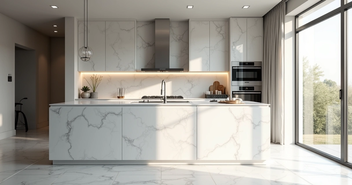 Bancada de mármore branca em uma cozinha moderna e iluminada. 