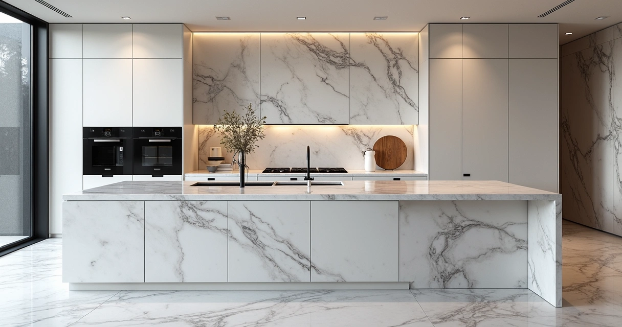 Bancada de cozinha com excesso de mármore e decoração pesada 