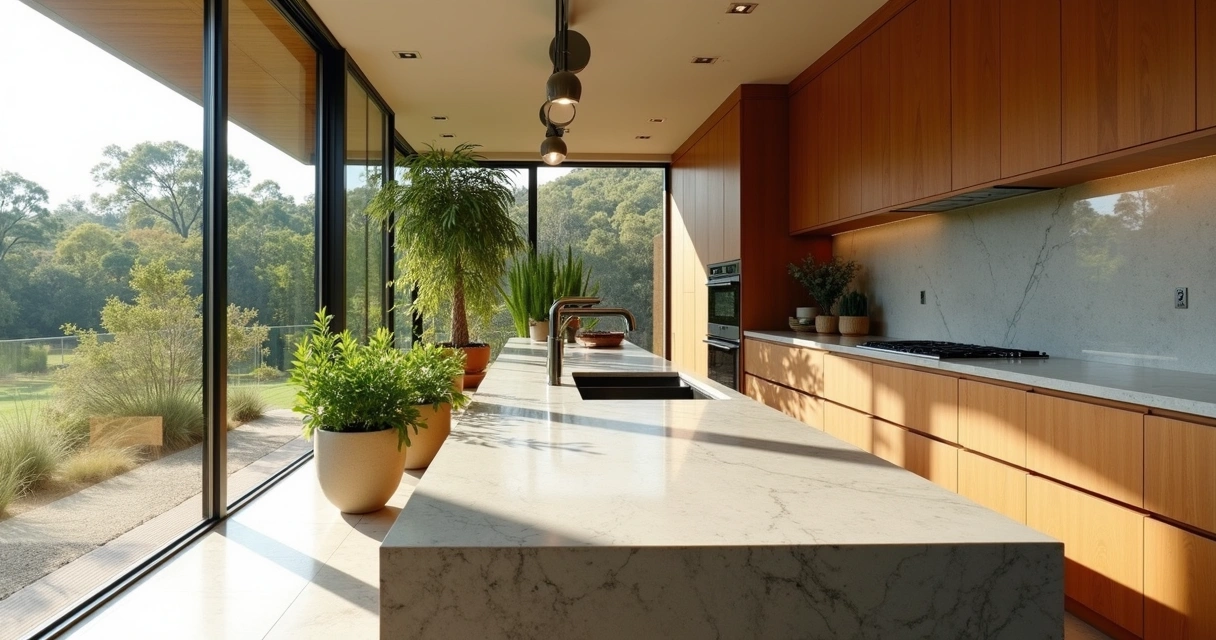 Bancada de pedra natural em ambiente sustentável 