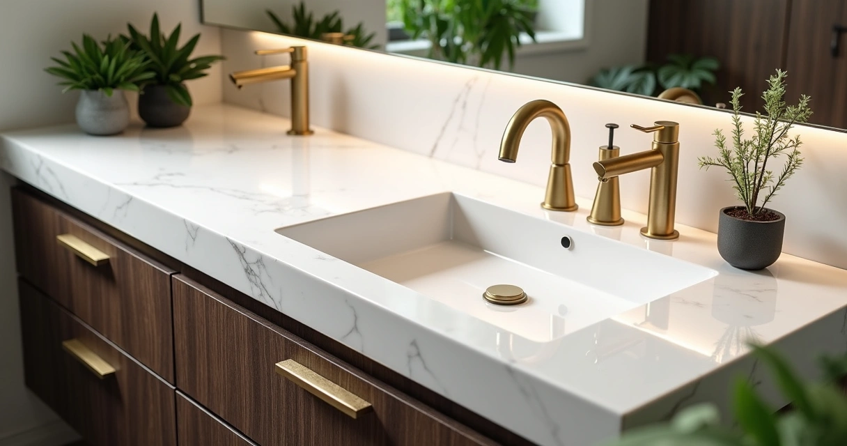 Bancada de pia de quartzo branco com metais dourados 