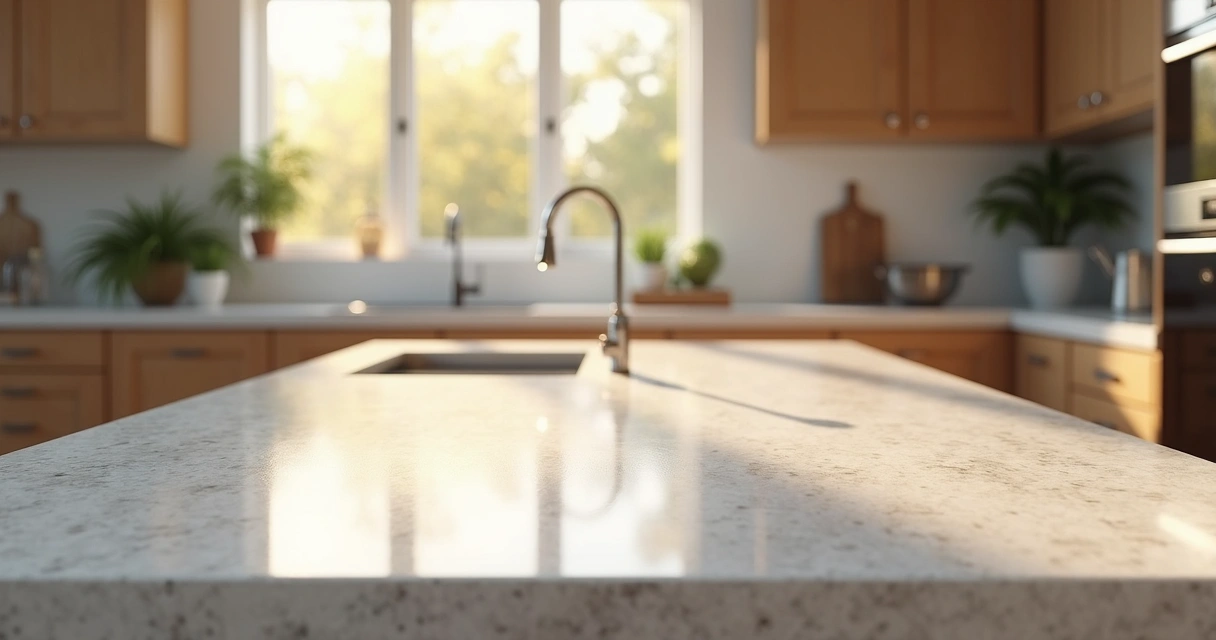 Bancada de quartzito clara em cozinha com armários de madeira 