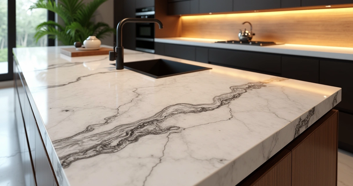 Bancada de quartzo com efeito bookmatch em ambiente sofisticado 