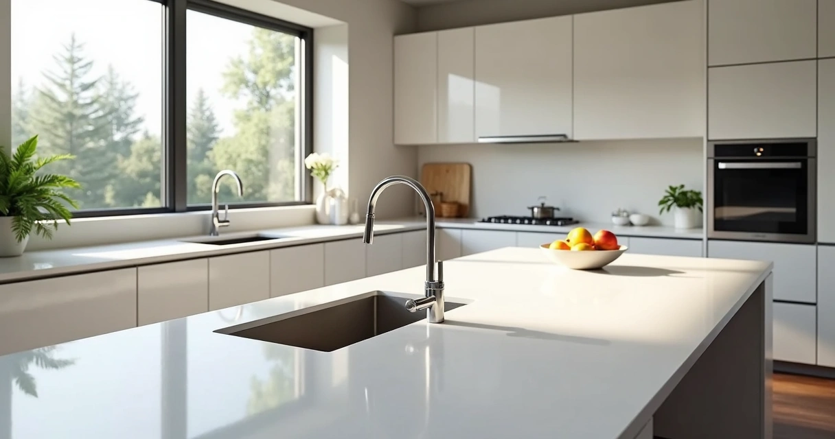 Bancada de quartzo branco instalada em cozinha moderna 