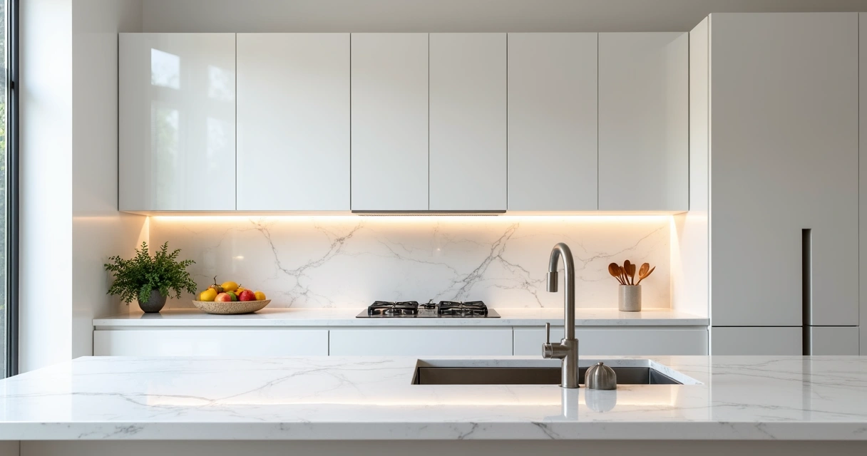 Bancada de quartzo branco em cozinha moderna 