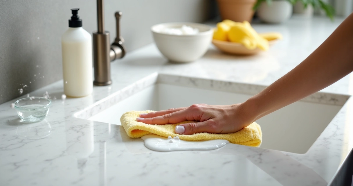 Pessoa limpando bancada de quartzo branco com pano macio 