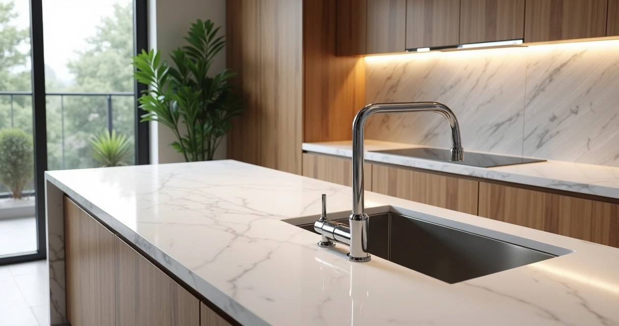 Bancada de quartzo branco em cozinha moderna com luz natural 