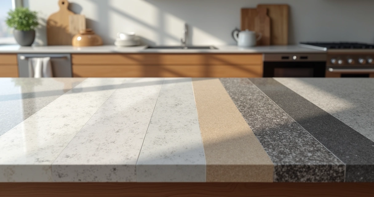 Bancada de quartzo mostrando diferentes cores e acabamentos 