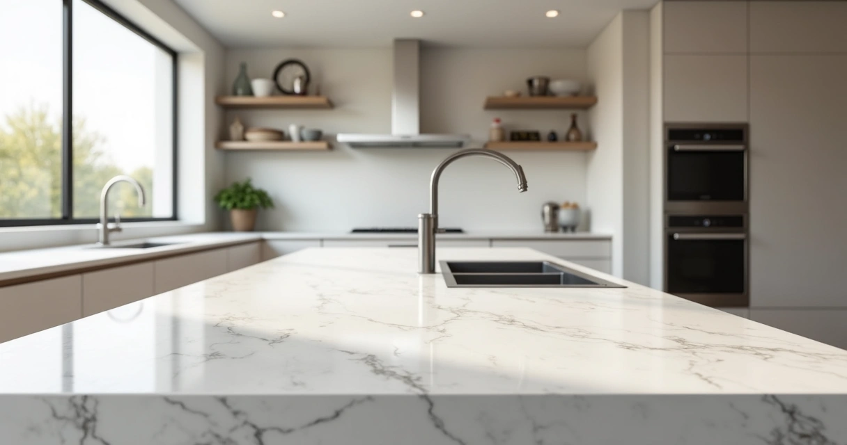 Bancada de quartzo branca em cozinha moderna, armários claros e iluminação natural 