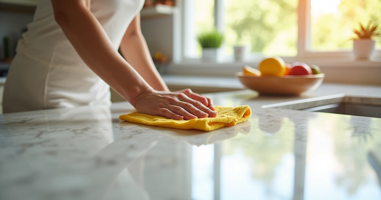 Pessoa limpando bancada de quartzo na cozinha com pano macio 
