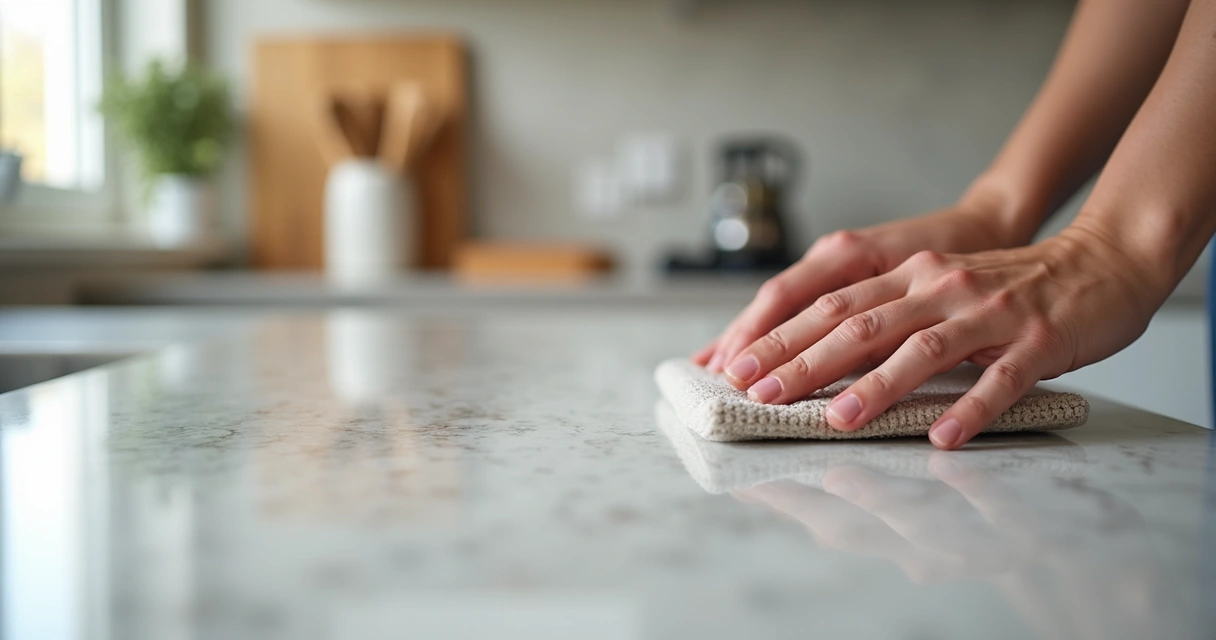 Pessoa protegendo bancada de quartzo com panos e suportes 