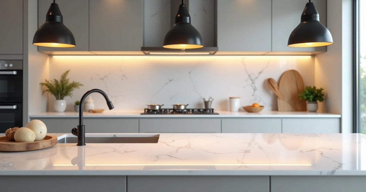 Luz direta sobre uma bancada de quartzo branca 