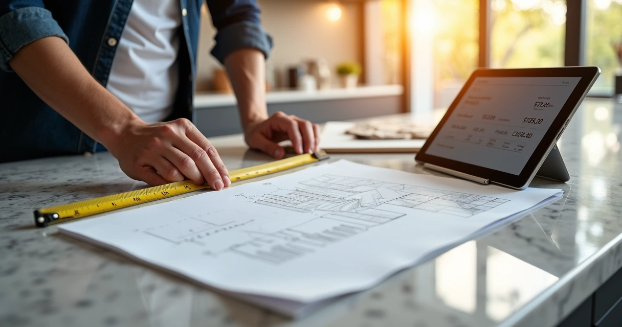 Pessoa medindo bancada de pedra com trena e projeto arquitetônico ao lado 