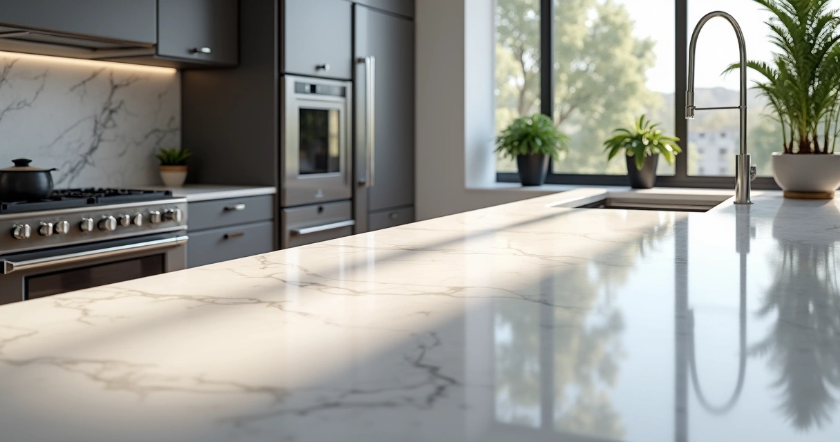 Bancada de quartzo branca em cozinha moderna 