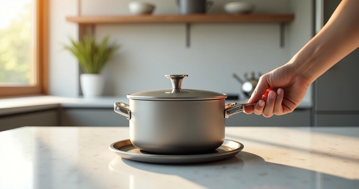 Bancada de quartzo clara com base de proteção sob panela 