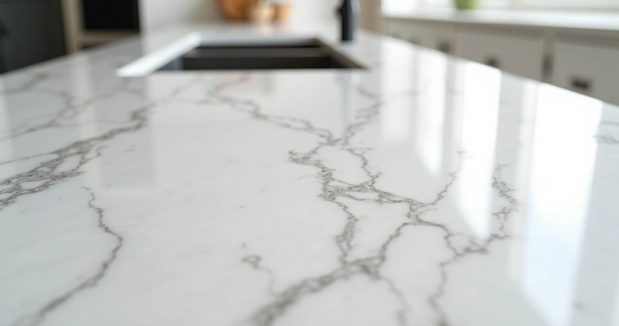 Bancada de quartzo com veios que imitam mármore Carrara 