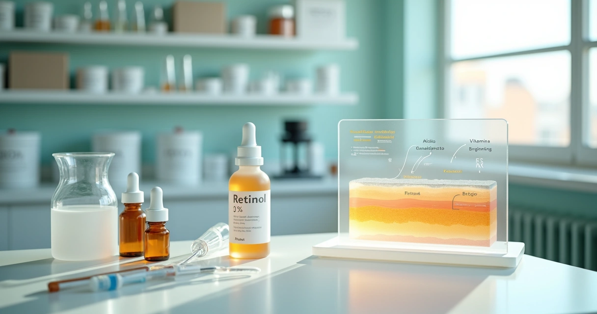 Bancada com frasco de retinol manipulado, seringas dosadoras e pele ilustrada em camadas 