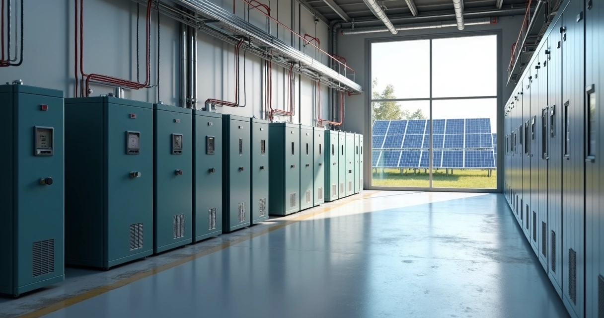 Sala industrial com grande banco de baterias e painéis solares ao fundo, infraestrutura elétrica ao redor 