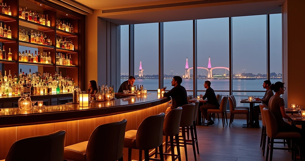 Bar elegante em hotel no Egito com bebidas e vista para o Nilo 