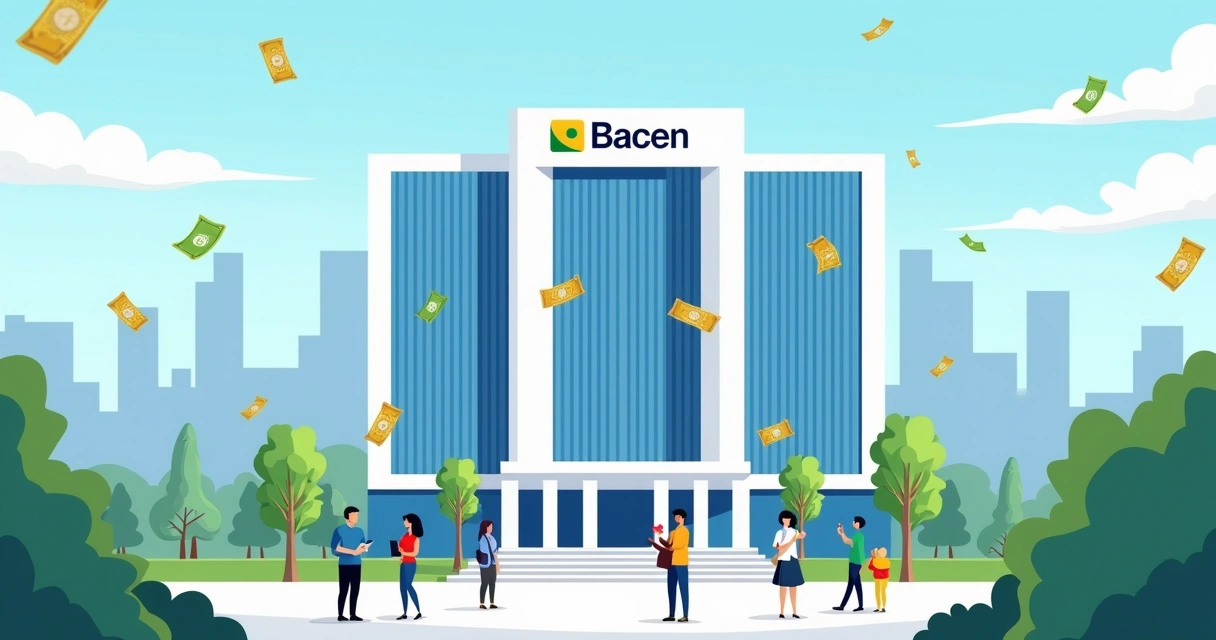 Ilustração do Banco Central do Brasil com edifício moderno, pessoas usando tecnologia e símbolos de segurança financeira.