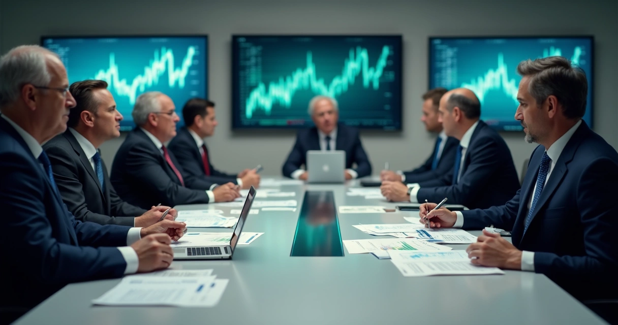 Reunião de diretores do Banco Central analisando gráficos em uma sala moderna 
