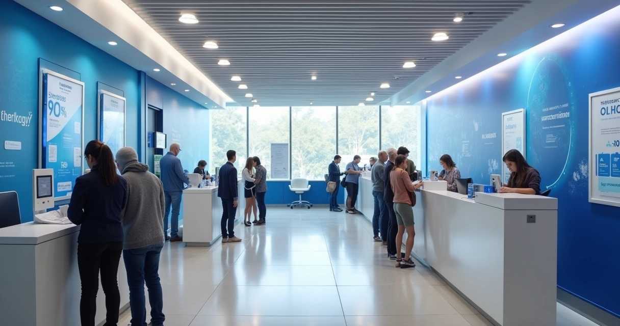 Atendimento em banco comercial com caixas e clientes