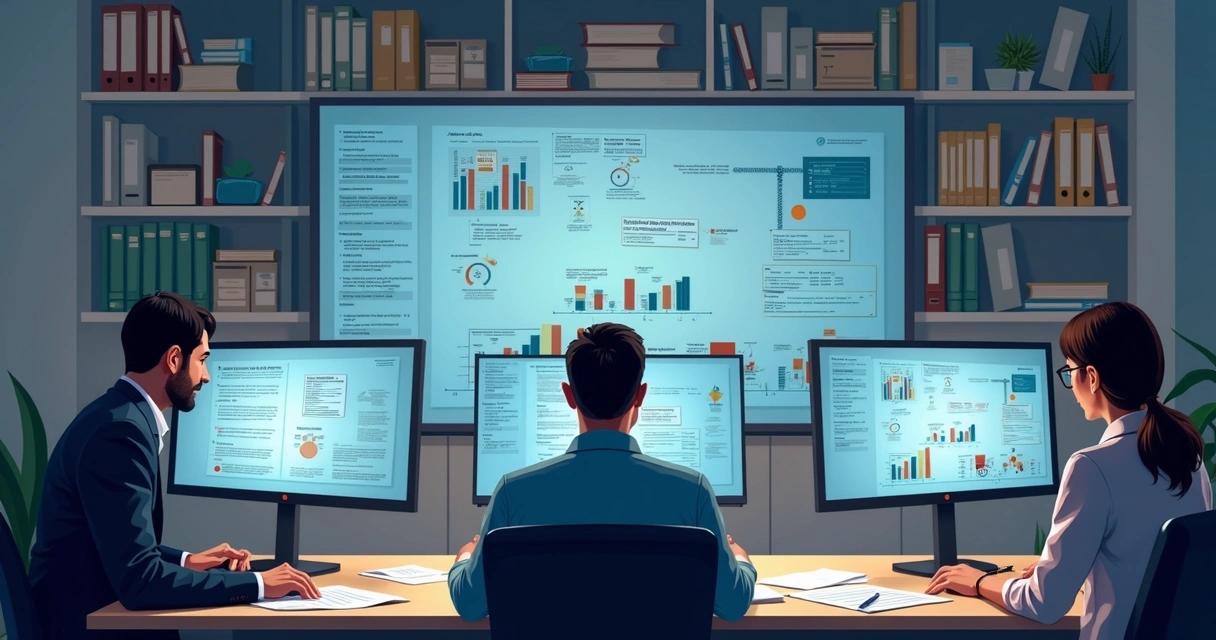 Mesa de operações financeiras com computadores, gráficos e documentos fiscais 