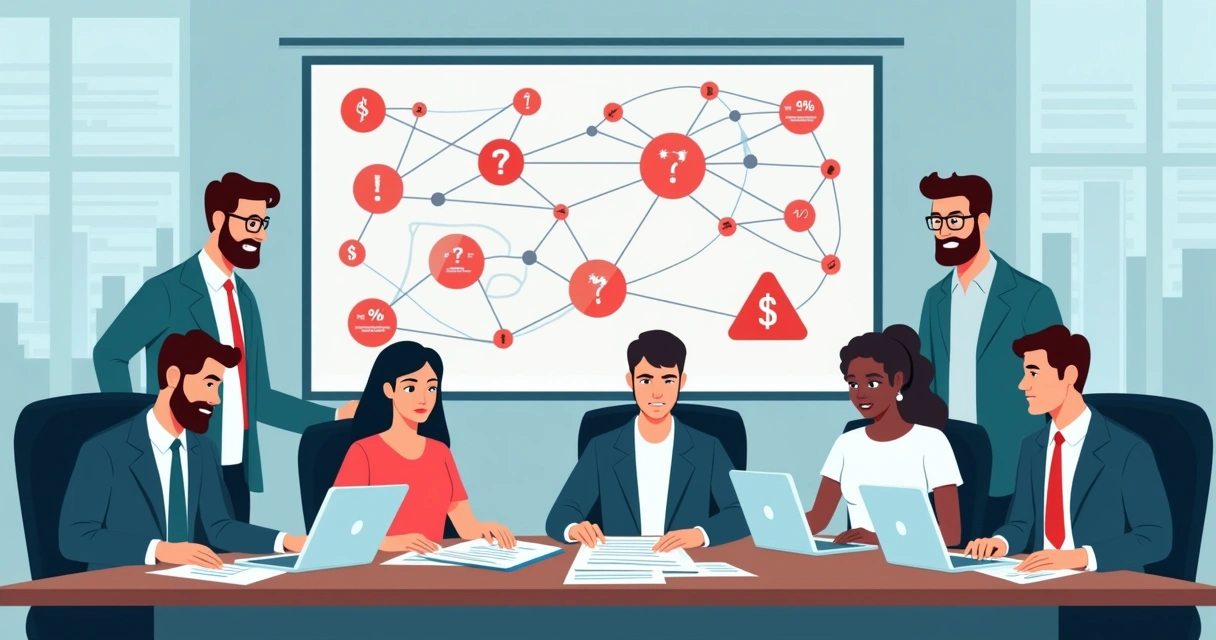 Ilustração de colaboradores preocupados revisando dados bancários 