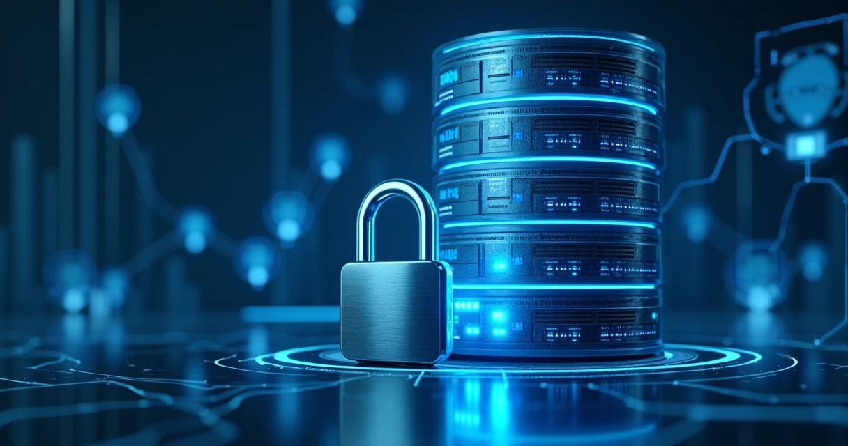 Banco de dados digital com cadeado representando segurança da informação 