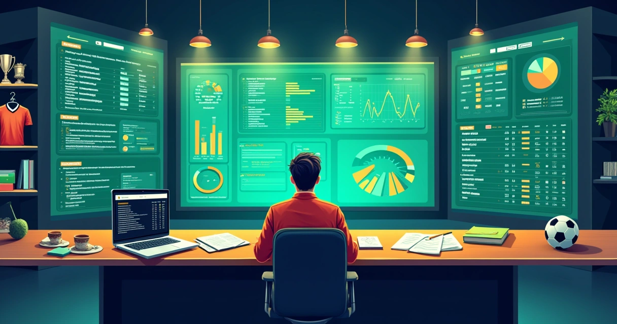 Ilustração de um estúdio de apostas modernas com telas digitais, gráficos coloridos e uma pessoa analisando as estatísticas.